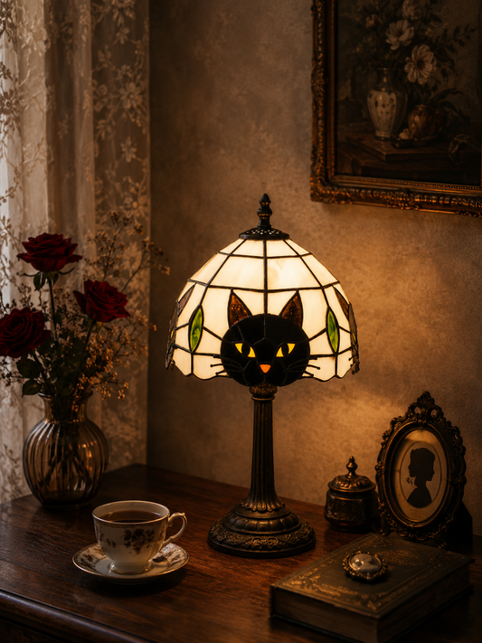 TiffanyCat Stained Glass Table Lamp — Vintage Cat Decor
