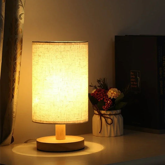 LinenGlow — Minimalist Bedside Lamp with Wood Base