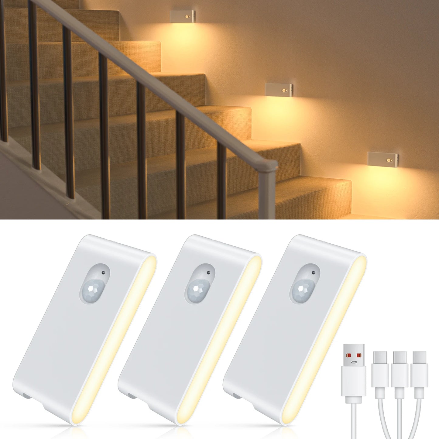WarmSense Motion Sensor Night Light — Warm White 2700K, Rechargeable, Magnetic Mount, USB-C