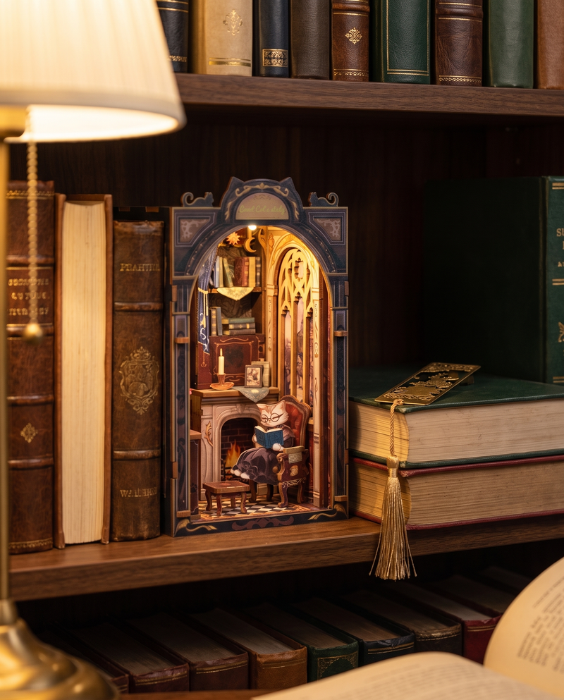 Glowing miniature book nook between books on a shelf