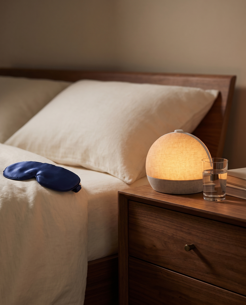 Sunrise alarm clock glowing on a nightstand next to a silk sleep mask