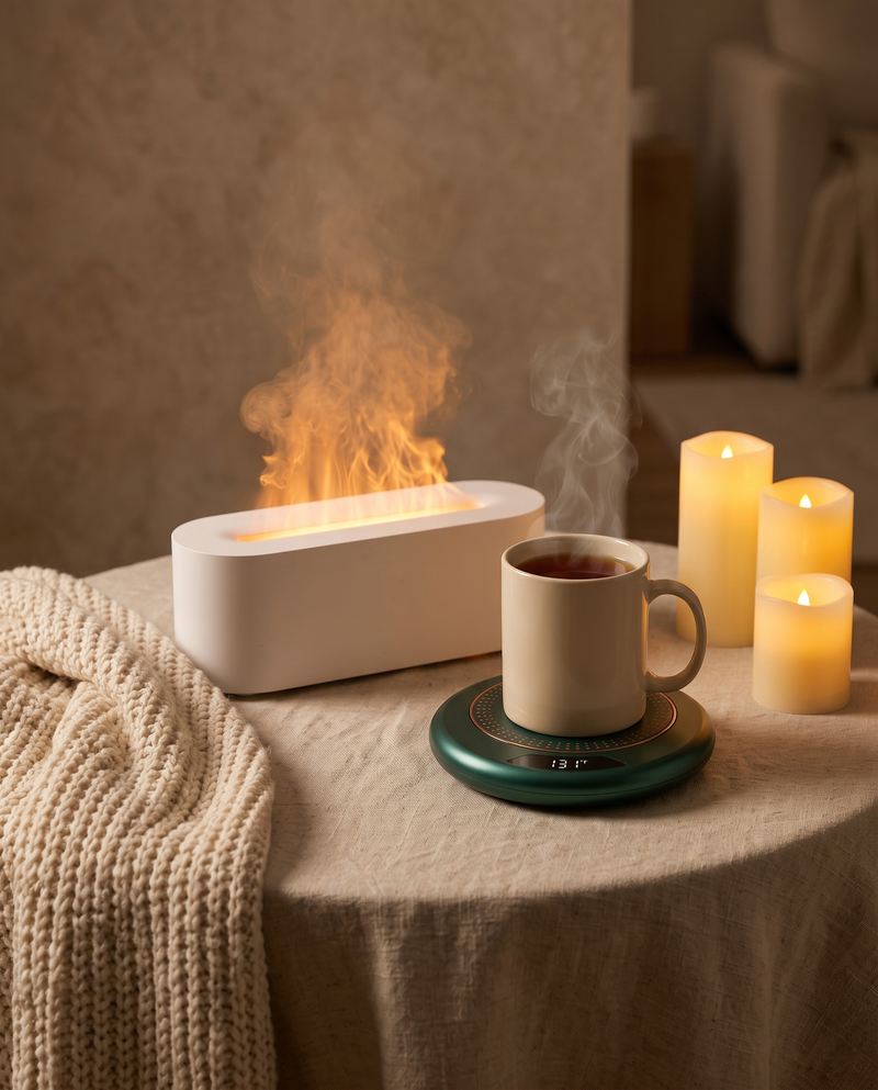 Flame aroma diffuser, mug warmer and knit throw on a side table
