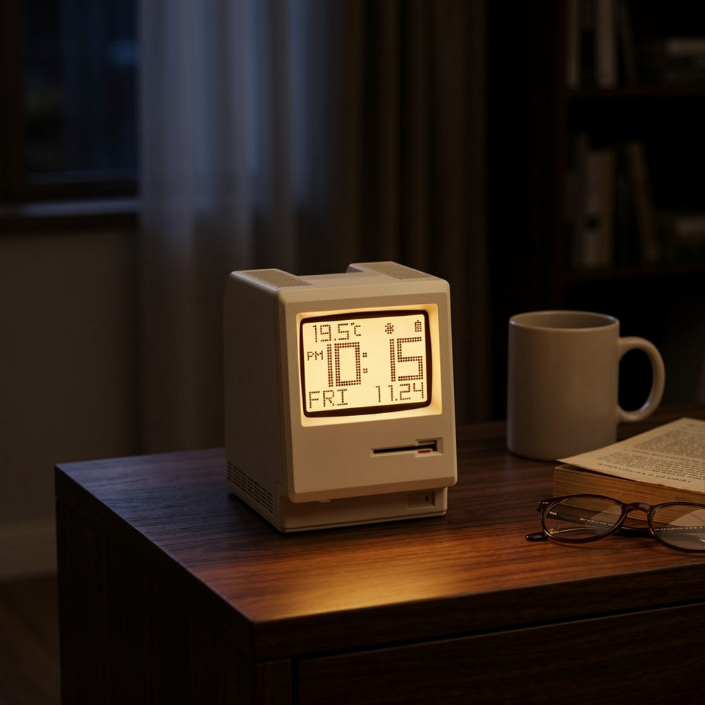 PixelGlow Retro Desk Clock — Vintage Computer Alarm with Ambient Light & 60-Day Battery