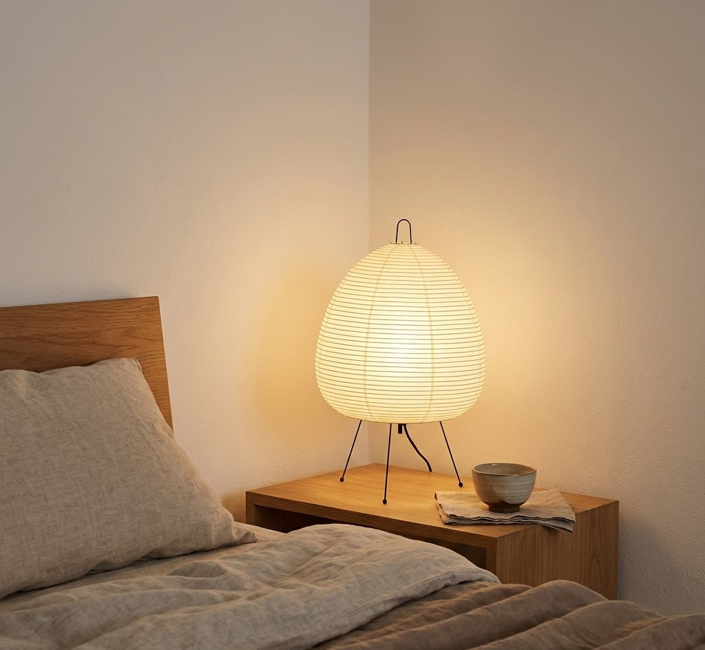 AkariGlow Japanese Rice Paper Table Lamp — E27 Tripod, Wabi-Sabi, Bedroom & Living Room