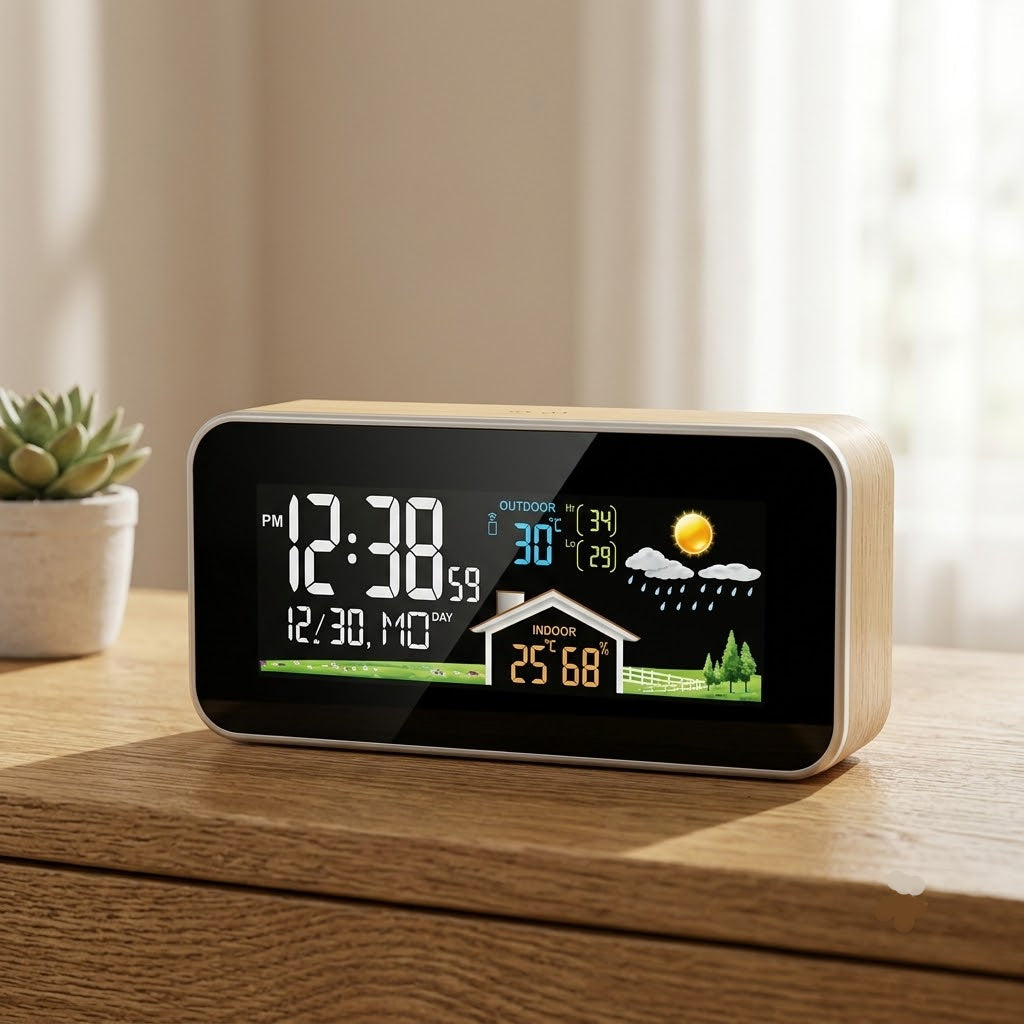 TerraGlow Wireless Weather Station Clock — Color Display, Indoor/Outdoor Temperature & Humidity