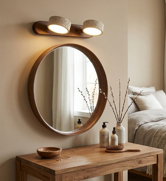 StoneBar Travertine Wall Light — Wood & Stone LED Vanity Bar, 2/3/4 Heads, Wabi-Sabi