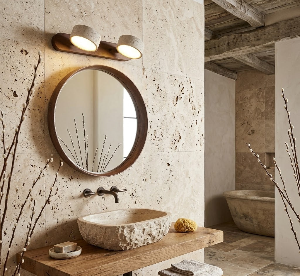 StoneBar Travertine Wall Light — Wood & Stone LED Vanity Bar, 2/3/4 Heads, Wabi-Sabi