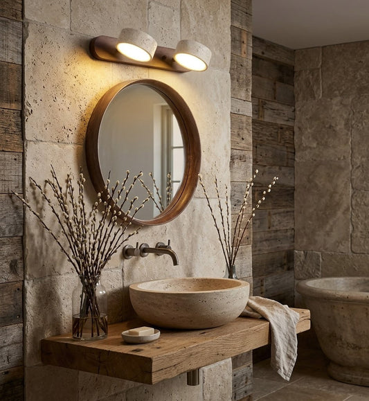 StoneBar Travertine Wall Light — Wood & Stone LED Vanity Bar, 2/3/4 Heads, Wabi-Sabi