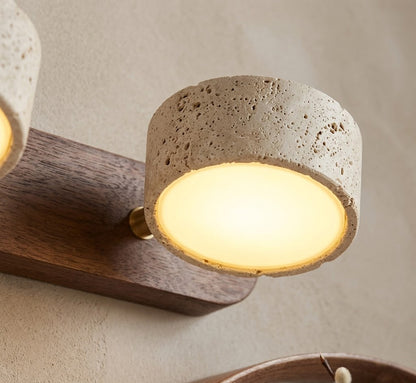 StoneBar Travertine Wall Light — Wood & Stone LED Vanity Bar, 2/3/4 Heads, Wabi-Sabi