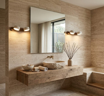 StoneBar Travertine Wall Light — Wood & Stone LED Vanity Bar, 2/3/4 Heads, Wabi-Sabi