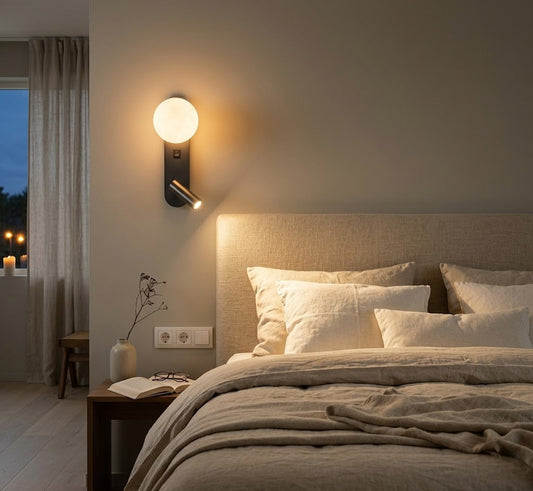 MoonSpot Wall Sconce — LED Reading & Ambient Light, Hardwired, Knob Switch, Bedroom Bedside