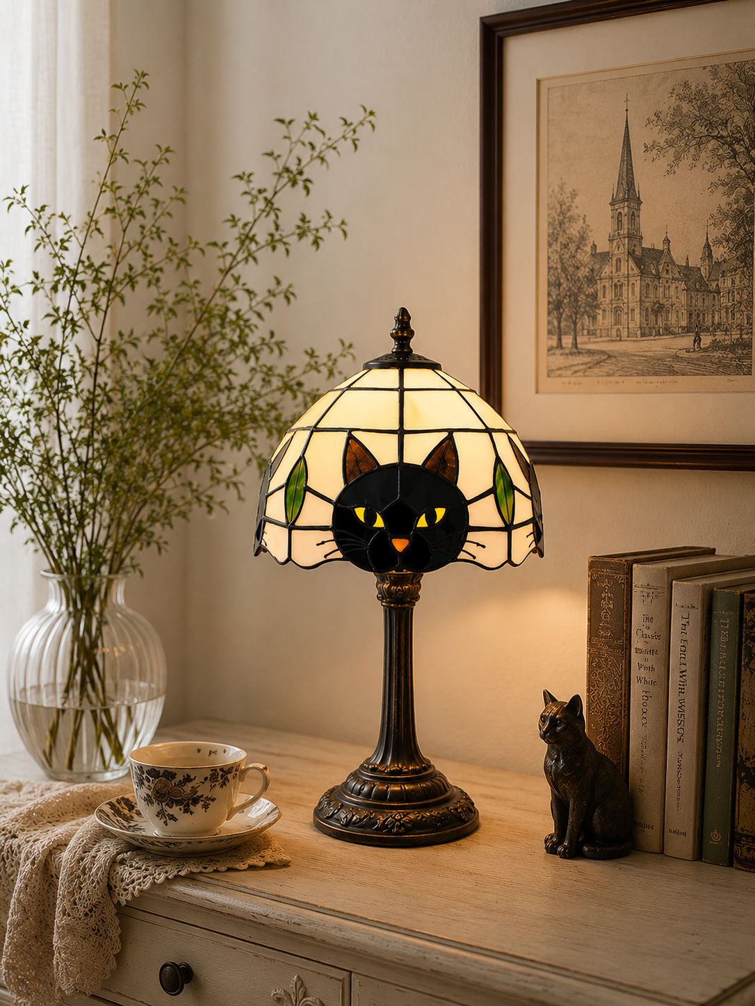 TiffanyCat Stained Glass Table Lamp — Vintage Cat Decor