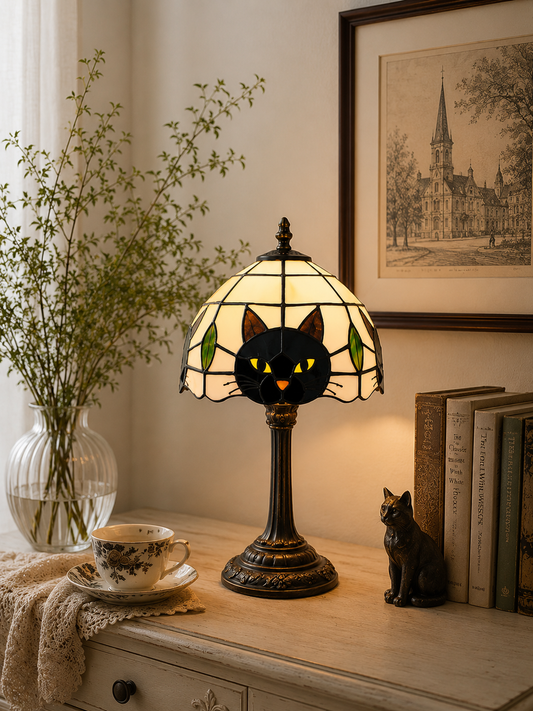 TiffanyCat Stained Glass Table Lamp — Vintage Cat Decor