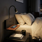 DeskGlow Wall Lamp — Bedside LED Light with Wireless Qi Charging, USB Port & Shelf, Plug-In