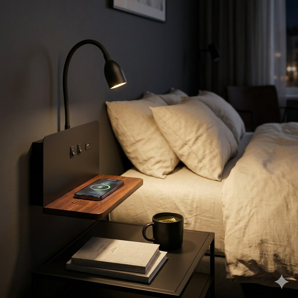 DeskGlow Wall Lamp — Bedside LED Light with Wireless Qi Charging, USB Port & Shelf, Plug-In
