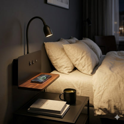 DeskGlow Wall Lamp — Bedside LED Light with Wireless Qi Charging, USB Port & Shelf, Plug-In