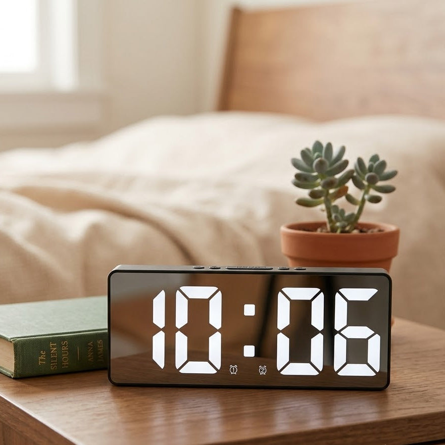 Digital Alarm Clock with Large LED Display, Color Night Light, Temperature & Calendar — LumaGlow