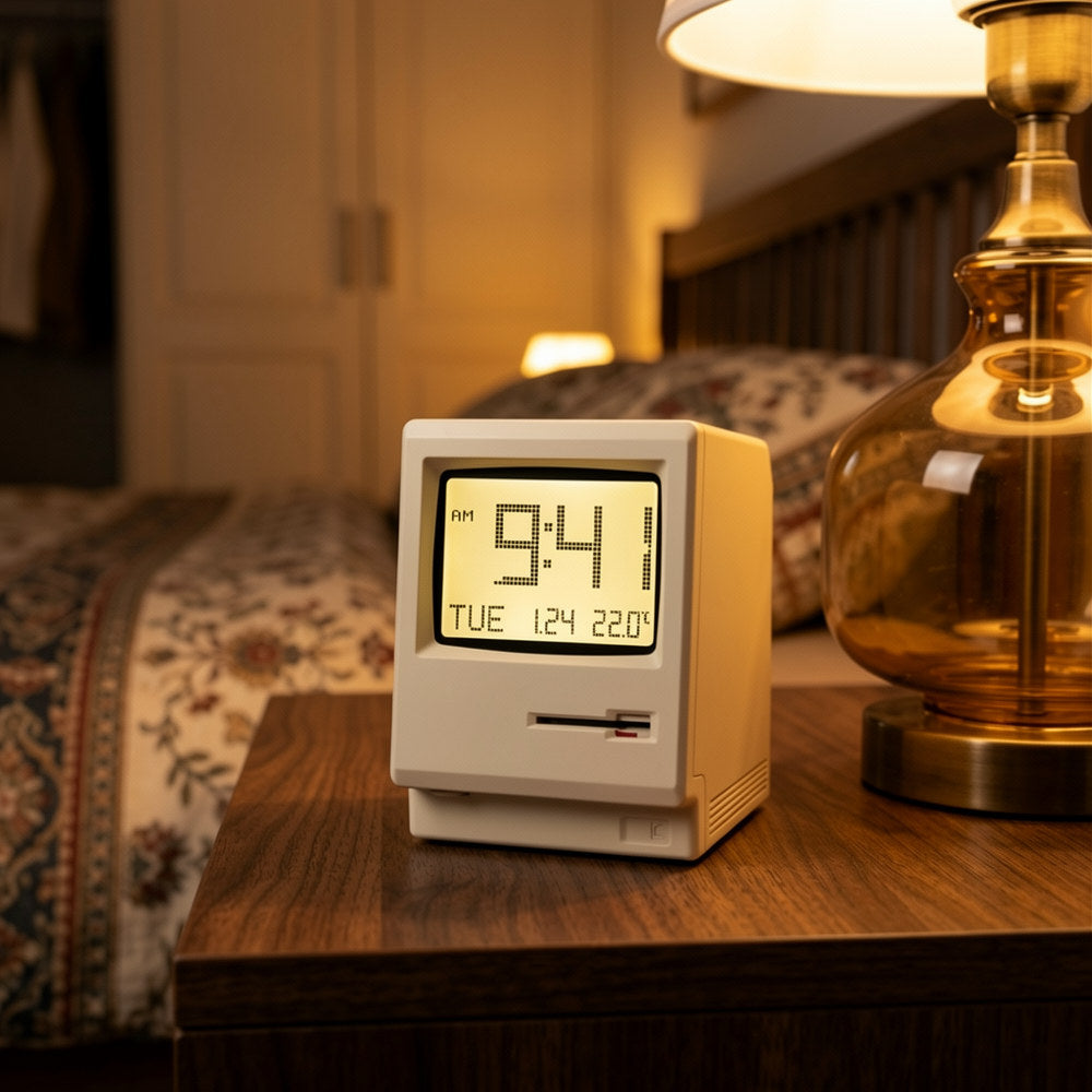 PixelGlow Retro Desk Clock — Vintage Computer Alarm with Ambient Light & 60-Day Battery