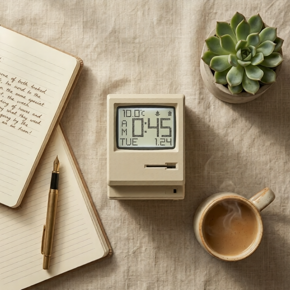 PixelGlow Retro Desk Clock — Vintage Computer Alarm with Ambient Light & 60-Day Battery