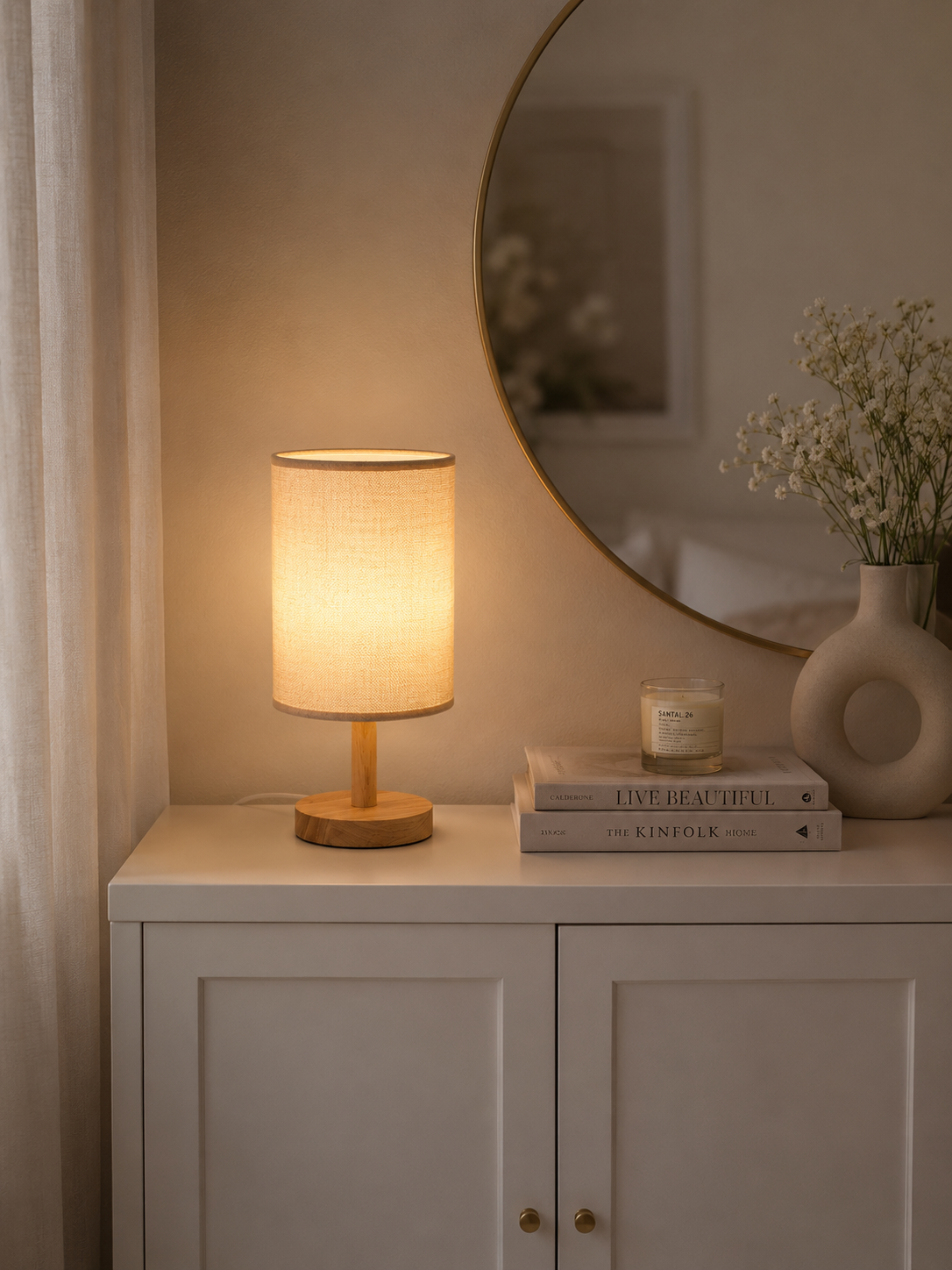 LinenGlow — Minimalist Bedside Lamp with Wood Base