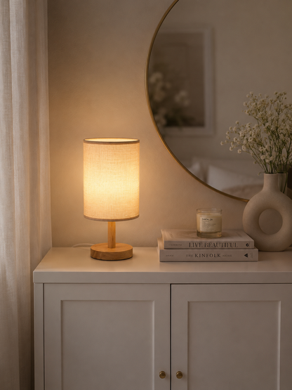 LinenGlow — Minimalist Bedside Lamp with Wood Base