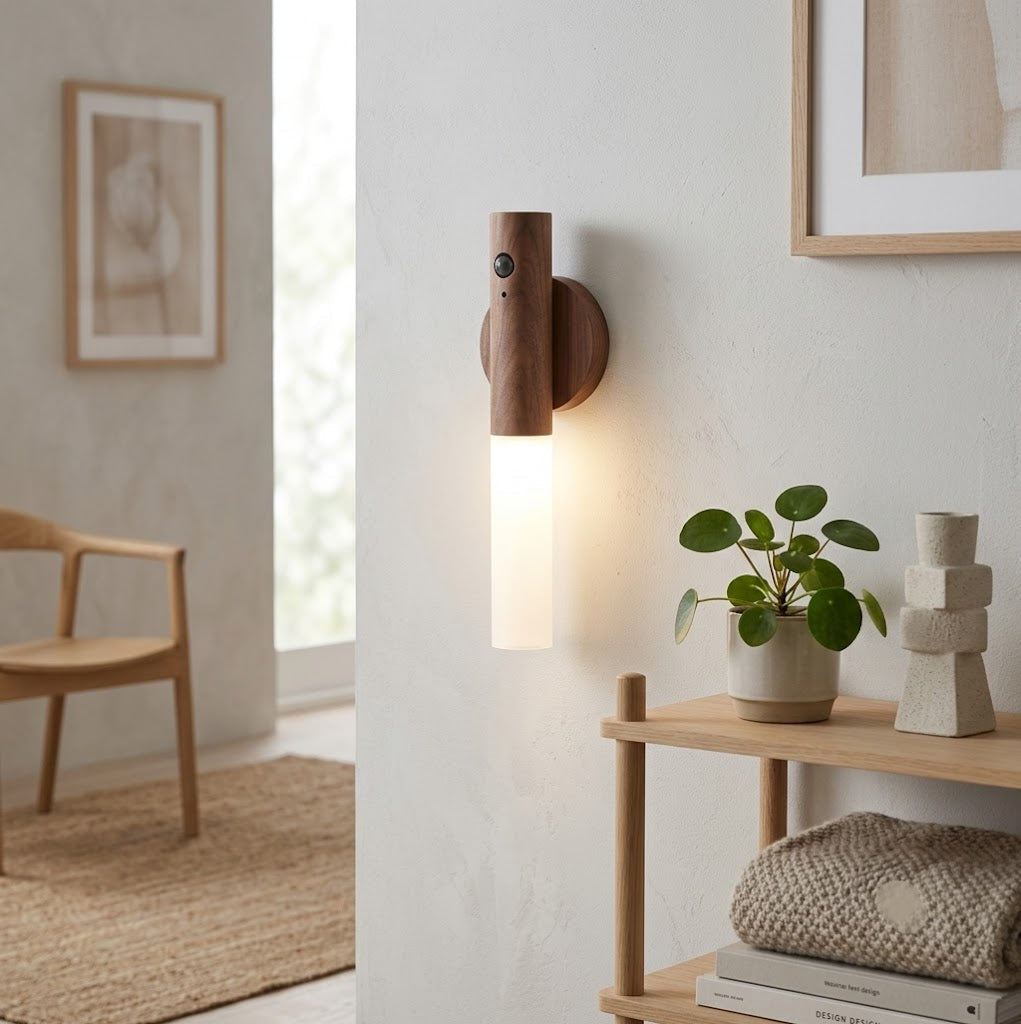 WoodGlow Motion Sensor Wall Light — Rechargeable, Magnetic, Dimmable Warm White, Wood Look