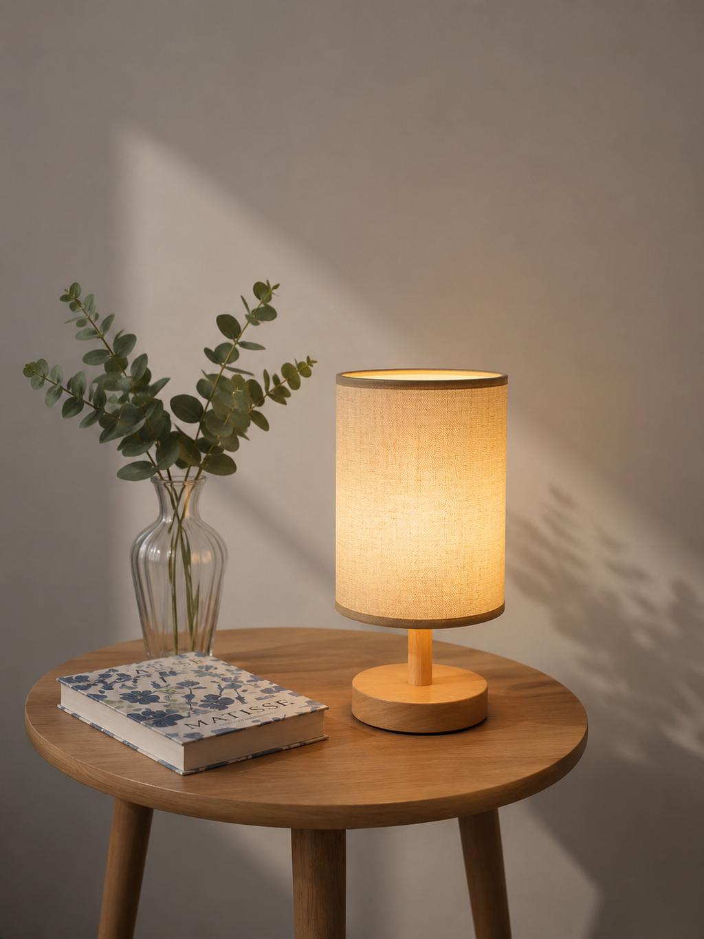 LinenGlow — Minimalist Bedside Lamp with Wood Base