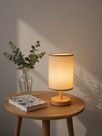 LinenGlow — Minimalist Bedside Lamp with Wood Base