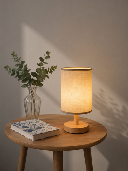 LinenGlow — Minimalist Bedside Lamp with Wood Base