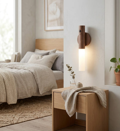 WoodGlow Motion Sensor Wall Light — Rechargeable, Magnetic, Dimmable Warm White, Wood Look