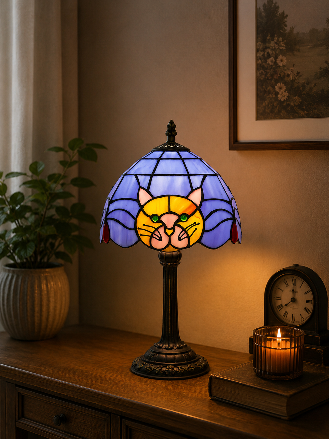 TiffanyCat Stained Glass Table Lamp — Vintage Cat Decor