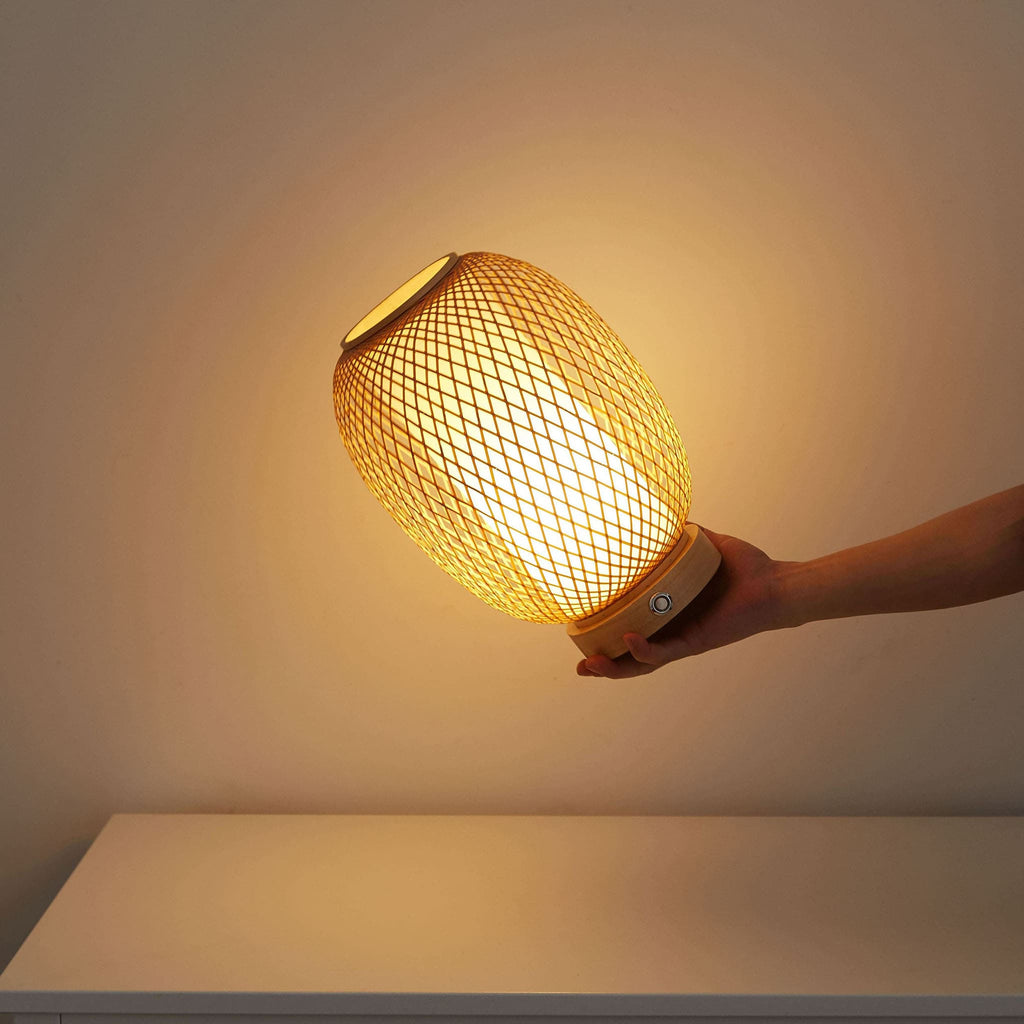 Hand - Woven Bamboo Cordless Table Lamp with Rechargeable Battery