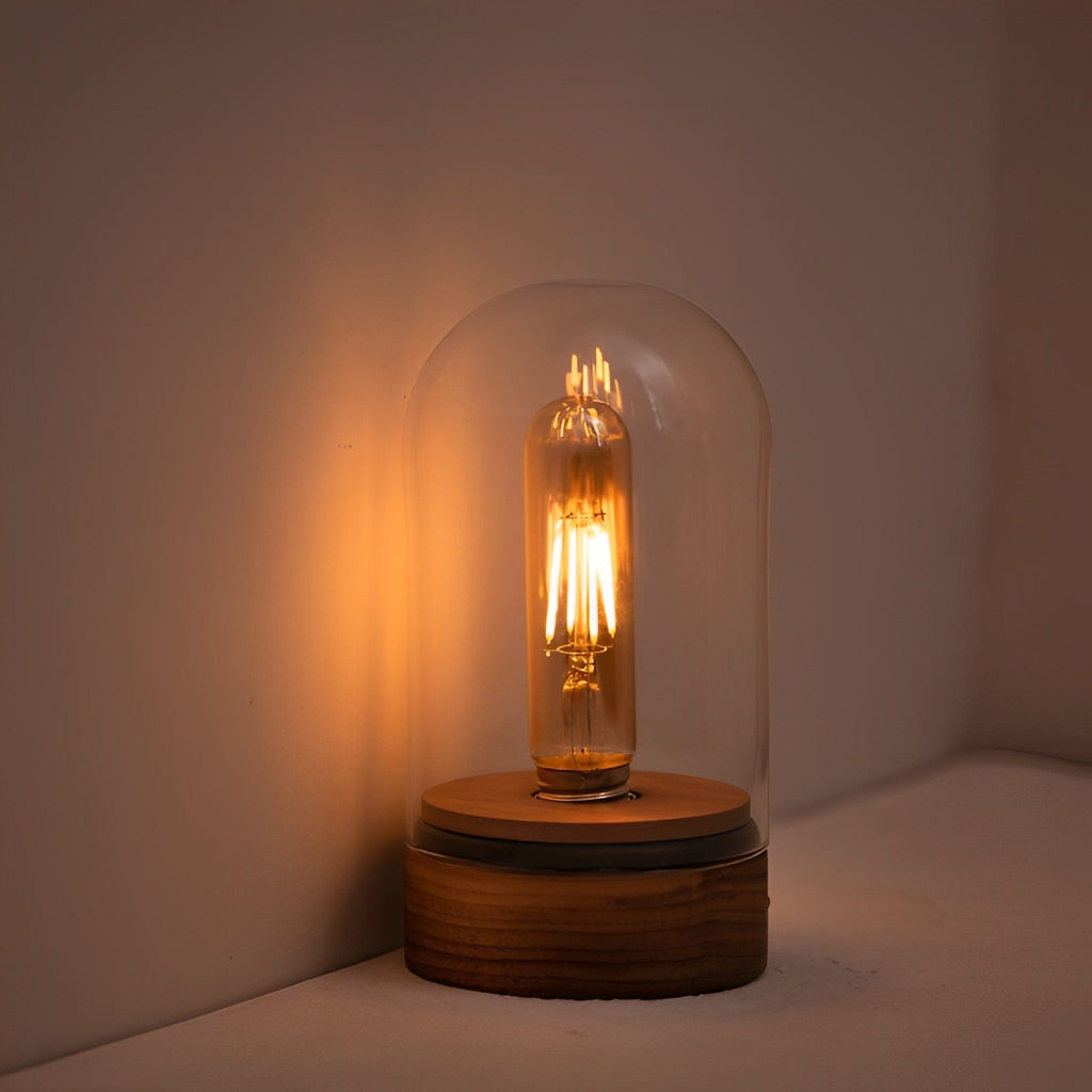 Cordless Glass Cloche Edison Table Lamp with Walnut Base for Bar & Restaurant