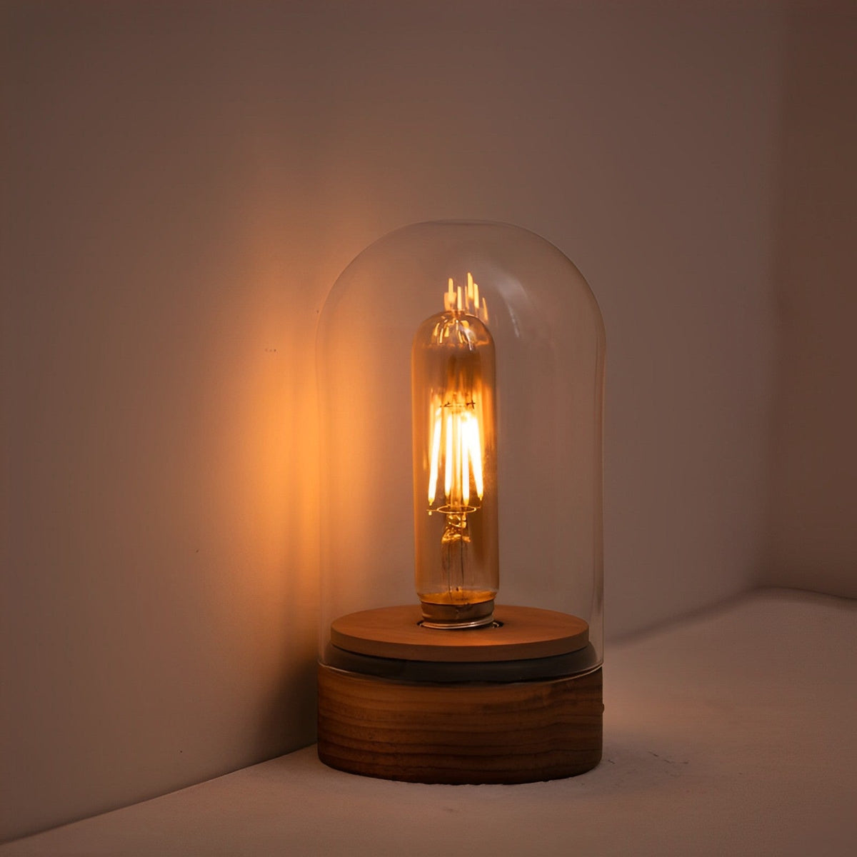 Cordless Glass Cloche Edison Table Lamp with Walnut Base for Bar & Restaurant