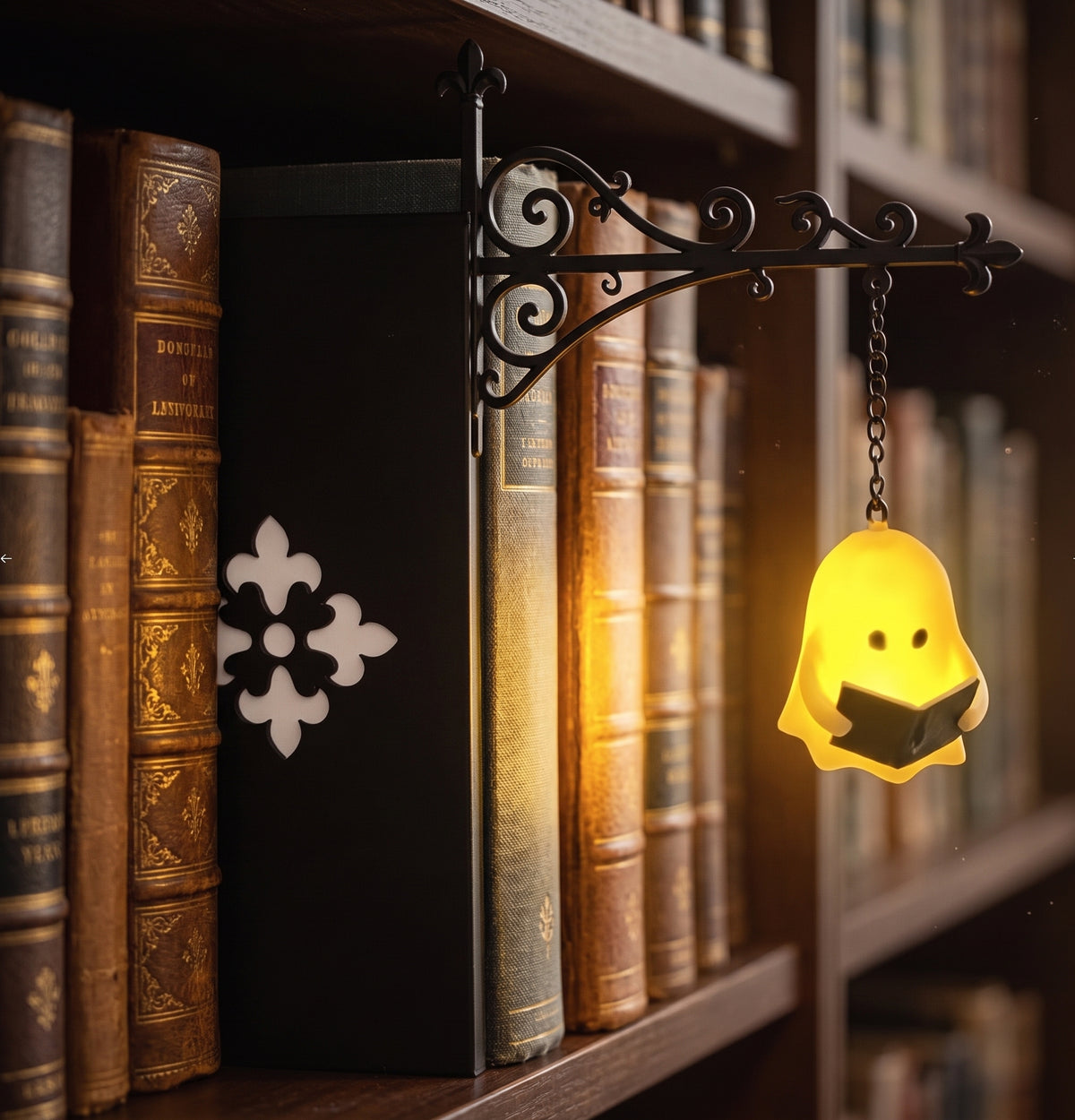 ShelfGlow — Iron Bookend Light, Halloween Bookshelf Decor