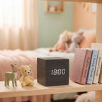Sound-Activated Wooden Alarm Clock — LED Display with Temperature, Snooze & 3 Alarms — WoodCube
