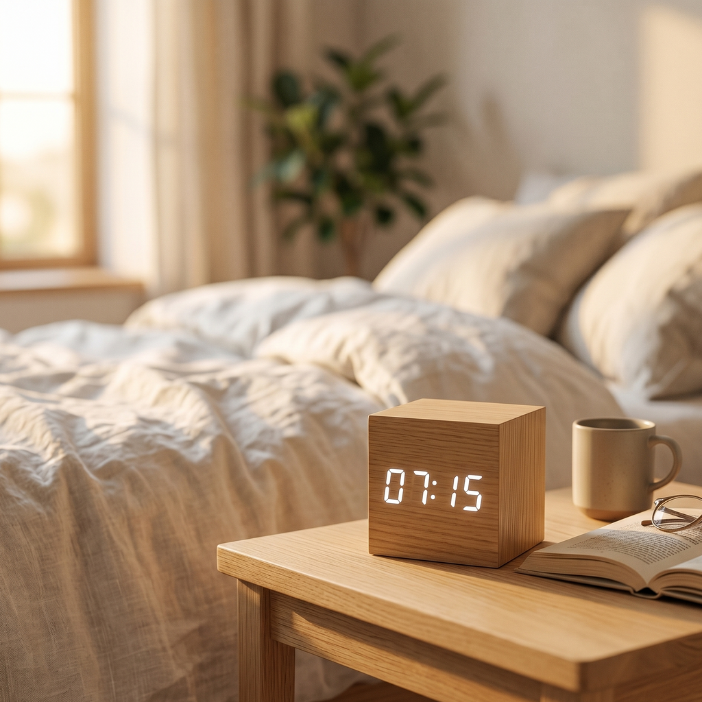 Sound-Activated Wooden Alarm Clock — LED Display with Temperature, Snooze & 3 Alarms — WoodCube