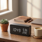 Sound-Activated Wooden Alarm Clock — LED Display with Temperature, Snooze & 3 Alarms — WoodCube