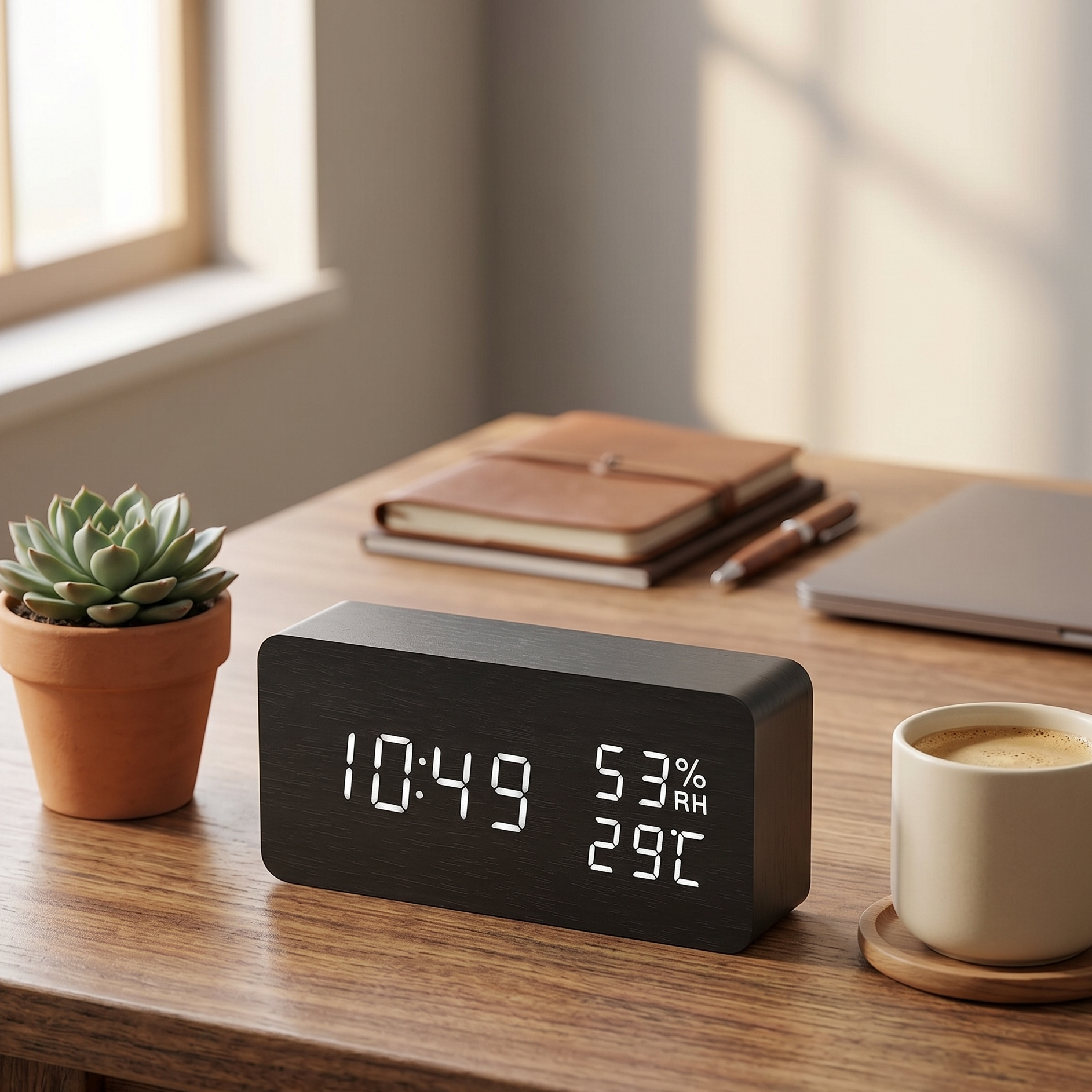Sound-Activated Wooden Alarm Clock — LED Display with Temperature, Snooze & 3 Alarms — WoodCube
