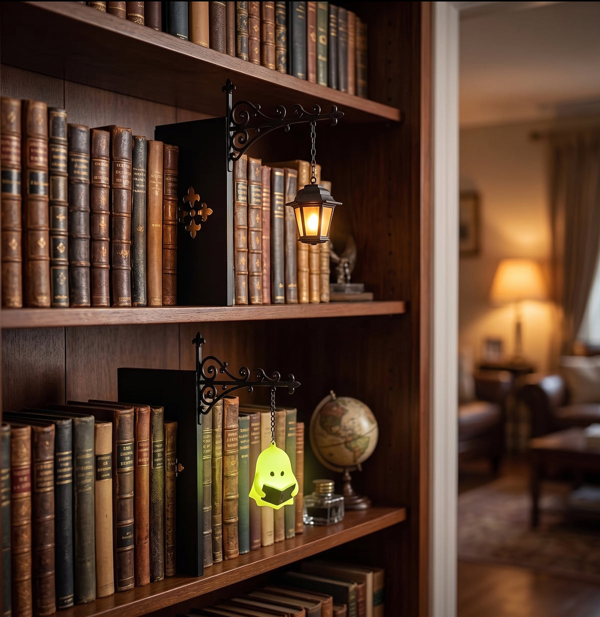 ShelfGlow — Iron Bookend Light, Halloween Bookshelf Decor