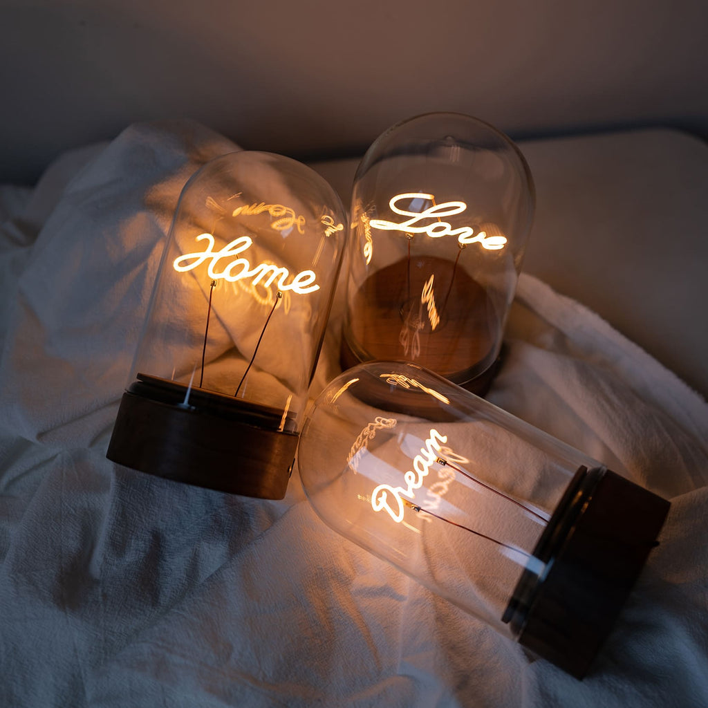 Rechargeable Glass Dome Text Edison Lamp with Walnut Base for Home & Gifts