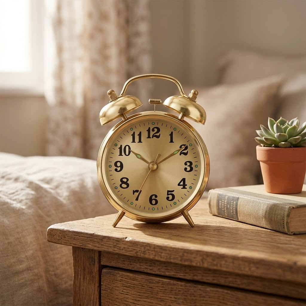 Vintage Twin Bell Alarm Clock — Retro Wind-Up Metal Desk Clock, Gold — HeritageGlow