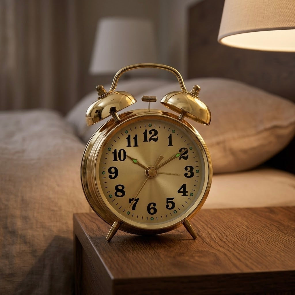Vintage Twin Bell Alarm Clock — Retro Wind-Up Metal Desk Clock, Gold — HeritageGlow