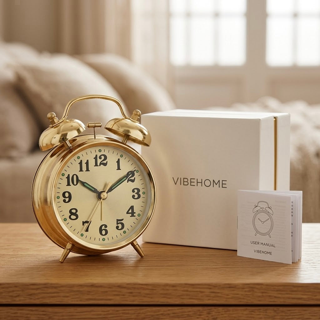 Vintage Twin Bell Alarm Clock — Retro Wind-Up Metal Desk Clock, Gold — HeritageGlow