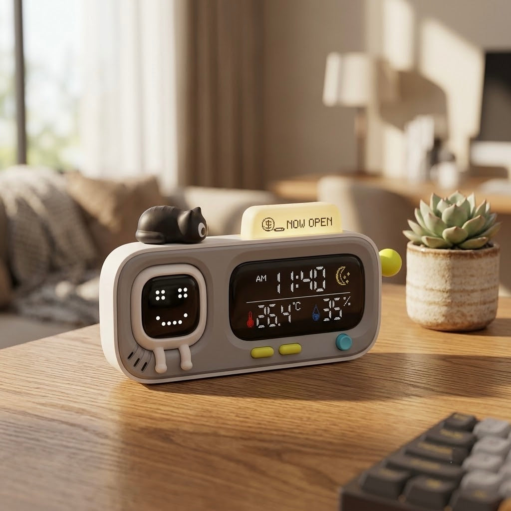 Digital Desk Clock with Temperature & Humidity Display, Retro Character Design — MoodGlow