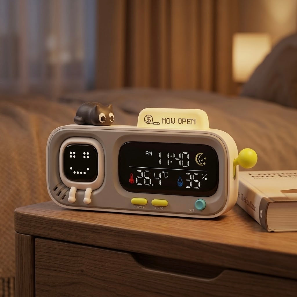 Digital Desk Clock with Temperature & Humidity Display, Retro Character Design — MoodGlow