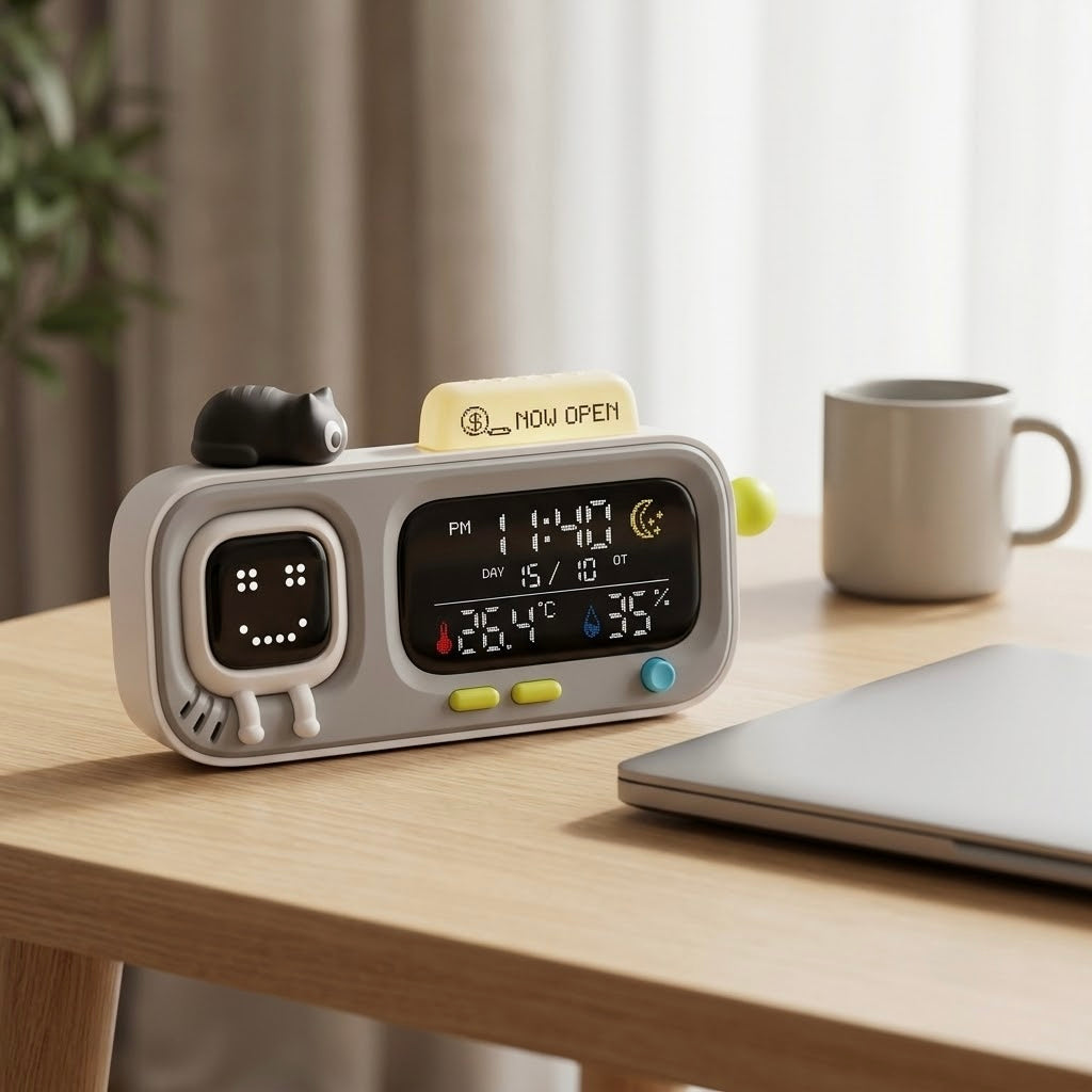 Digital Desk Clock with Temperature & Humidity Display, Retro Character Design — MoodGlow