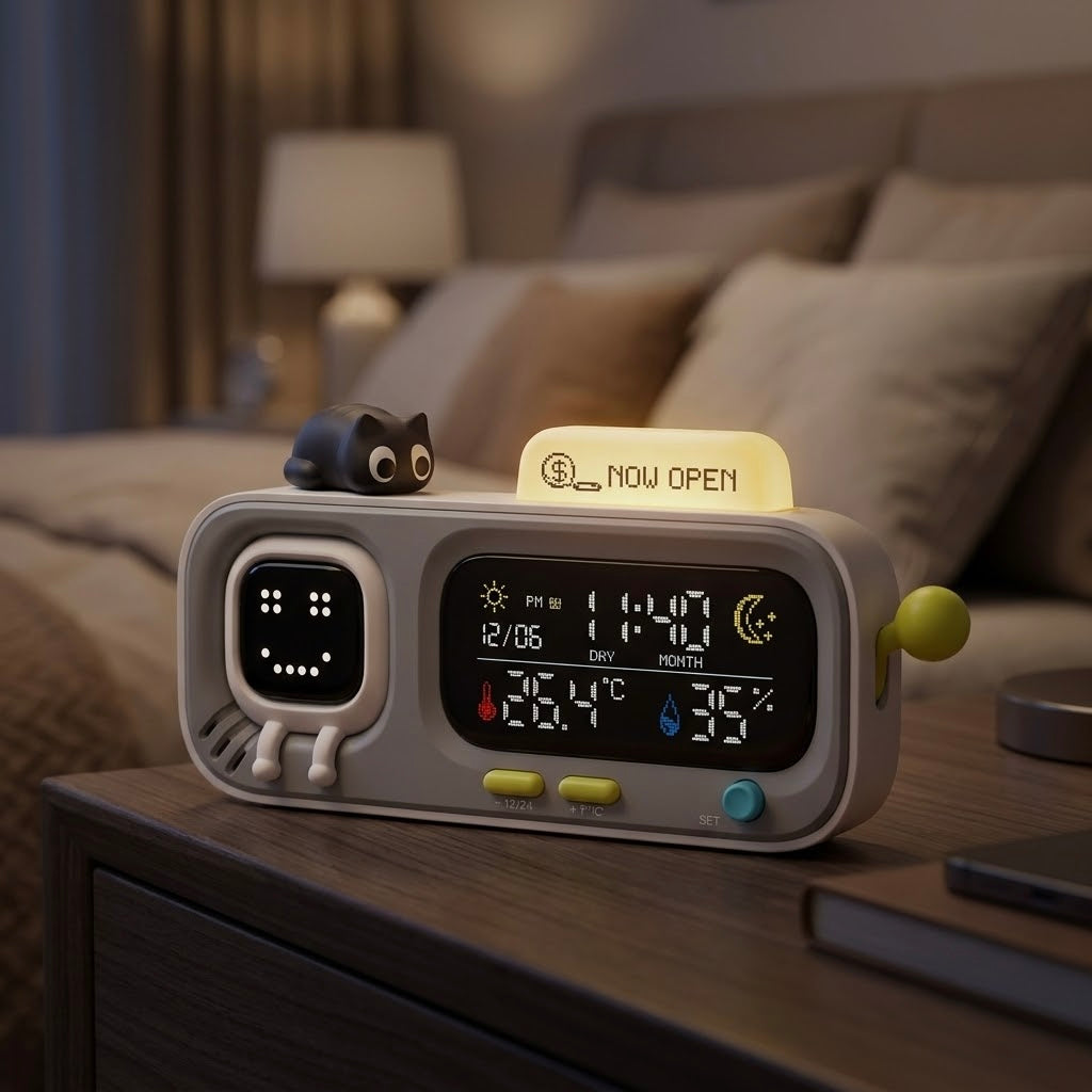 Digital Desk Clock with Temperature & Humidity Display, Retro Character Design — MoodGlow
