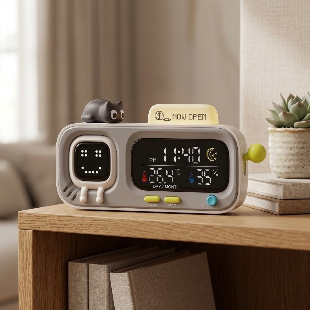 Digital Desk Clock with Temperature & Humidity Display, Retro Character Design — MoodGlow