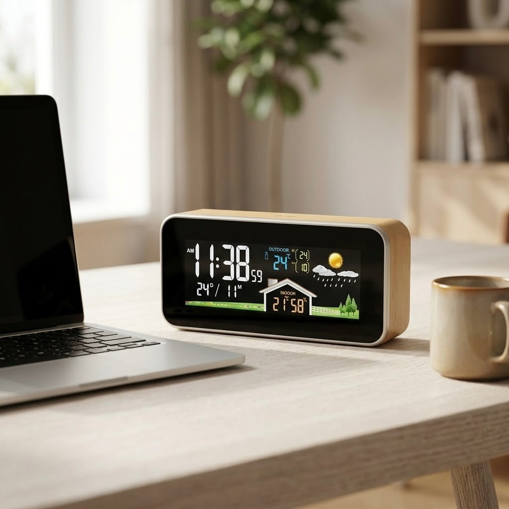 Wireless Weather Station Clock — Color Display, Indoor/Outdoor Temperature & Humidity — TerraGlow
